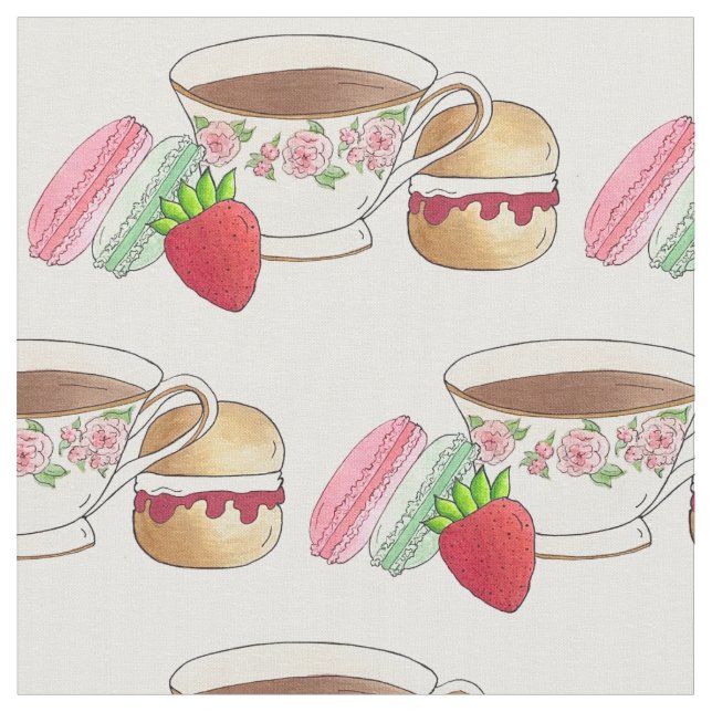 Afternoon Tea Party Macarons Teacup Cream Scone Fabric (Close Up)