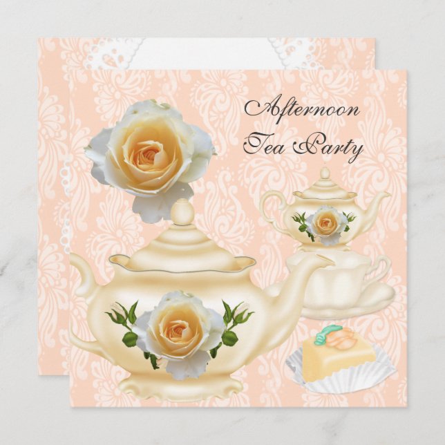 Afternoon Tea Party Peach Coral Floral Teapot Invitation (Front/Back)