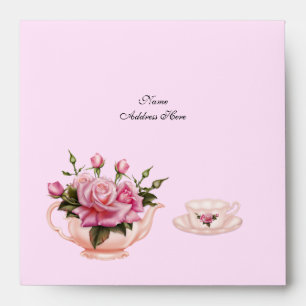 Afternoon Tea Party Pink Peach Rose Floral Teapot Envelopes