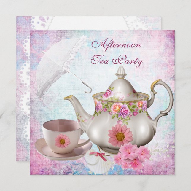 Afternoon Tea Party umbrella Pink Floral Teapot Invitation (Front/Back)