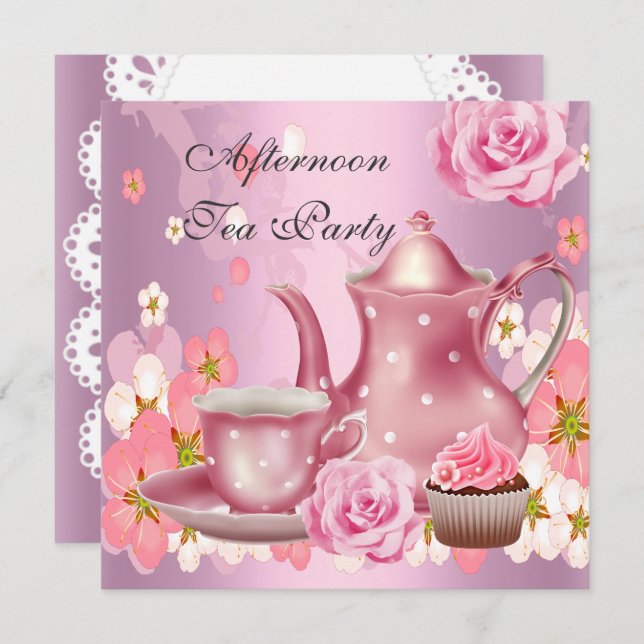 Afternoon Tea Party Vintage Pink Rose Teapot Invitation (Front/Back)