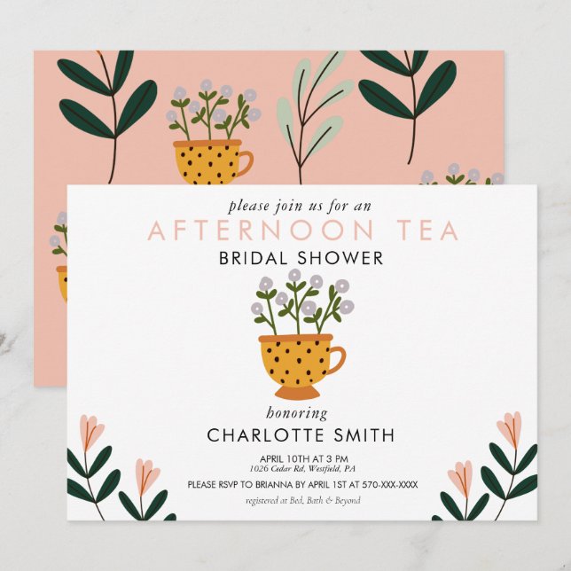 Afternoon Tea Pink Floral Bridal Shower Invitation (Front/Back)