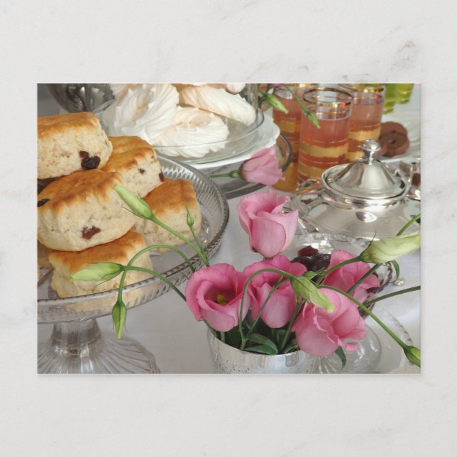 Afternoon Tea Postcard Scones Pink Flowers Teapot (Front)