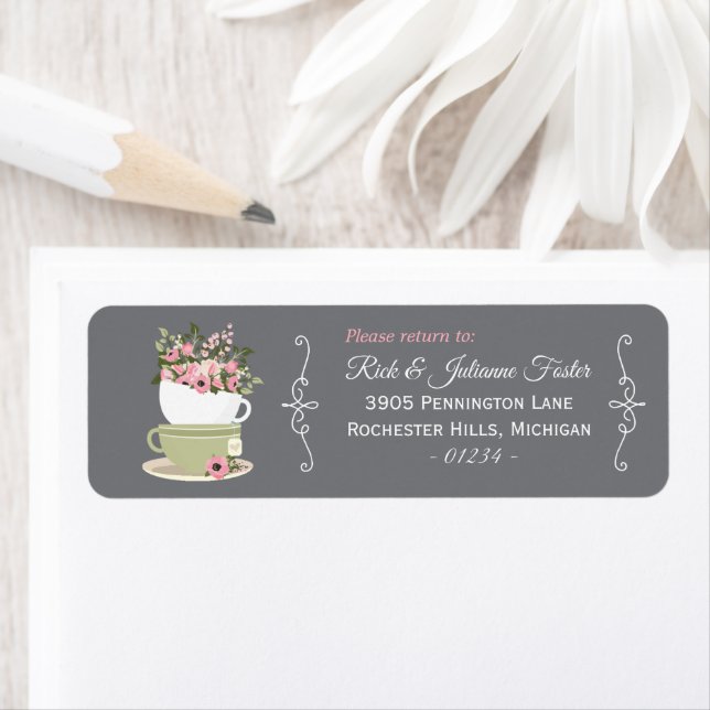 Afternoon Tea Stacked Cups Shower Return Address Label (Insitu)