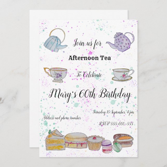 Afternoon Tea Watercolour Invitation (Front/Back)