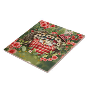 Afternoon Tea with Hedgehogs in Country Garden Ceramic Tile