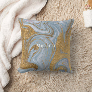 Agate Baby Blue Gold Marble Custom Name Letter  Cushion