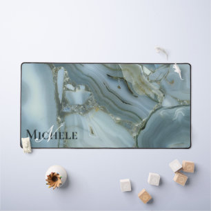 Agate Baby Blue Gold Marble Custom Name Letter  Desk Mat