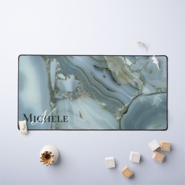 Agate Baby Blue Gold Marble Custom Name Letter  Desk Mat (Kids Table)