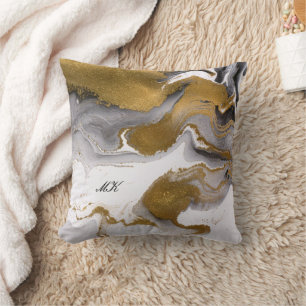 Agate Black and Gold Marble Custom Name Letter Cushion
