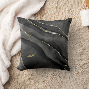 Agate Black and Gold Marble Custom Name Letter Cushion