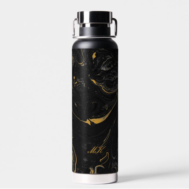 Agate Black and Gold Marble Custom Name Letter  Water Bottle (Back)