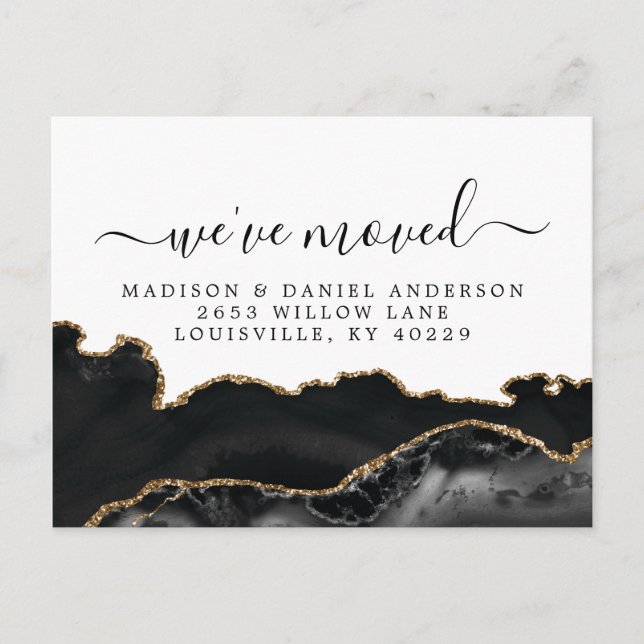 Agate Black And Gold Marble Moving Announcement Postcard (Front)