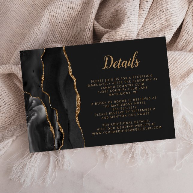 Agate Black Gold Brush Script Wedding Details Enclosure Card (Creator Uploaded)