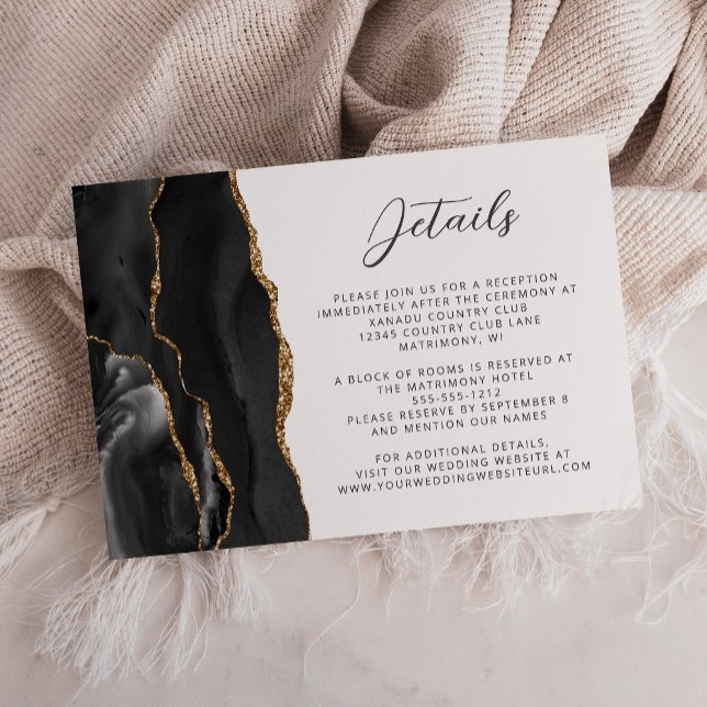 Agate Black Gold Modern Script Wedding Details Enclosure Card (Creator Uploaded)