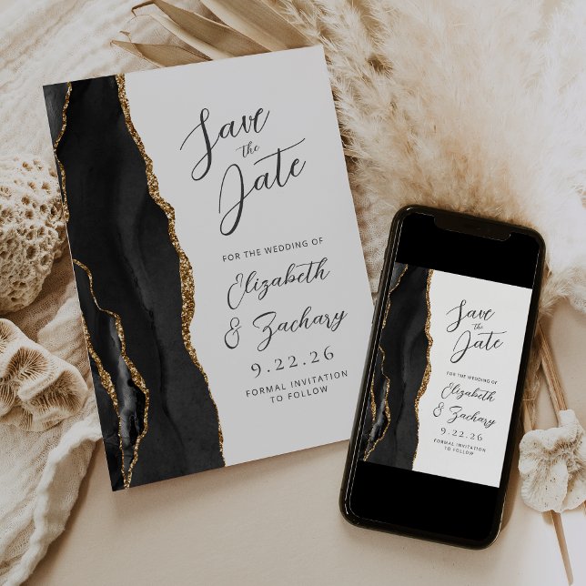 Agate Black Gold Modern Script Wedding Save The Date (Creator Uploaded)