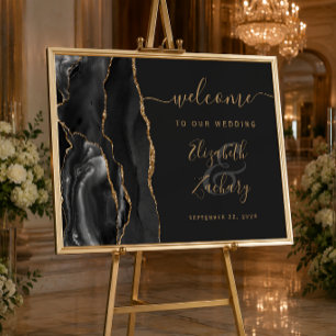 Agate Black Gold Script Dark Wedding Welcome Poster