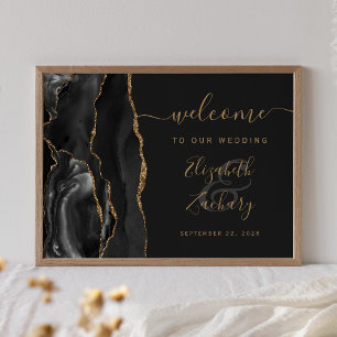Agate Black Gold Script Dark Wedding Welcome Poster