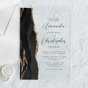 Agate Black Gold Script Wedding Acrylic Invitations
