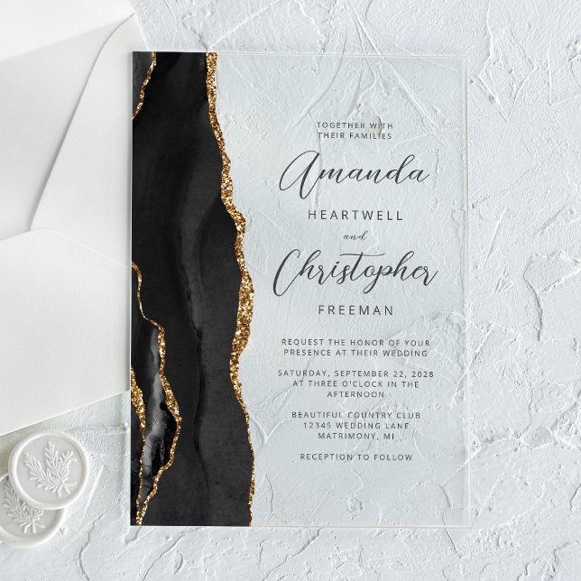 Agate Black Gold Script Wedding Acrylic Invitations (Creator Uploaded)