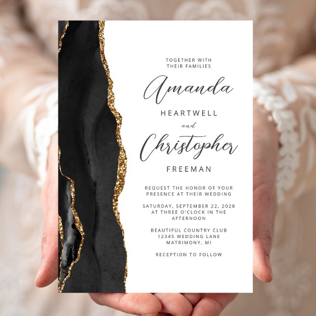 Agate Black Gold Script Wedding Invitation (Creator Uploaded)