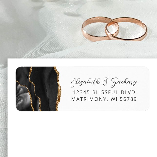 Agate Black Gold Wedding Return Address Label (Creator Uploaded)