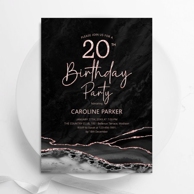 Agate Black Rose Gold 20th Birthday Invitation (Creator Uploaded)