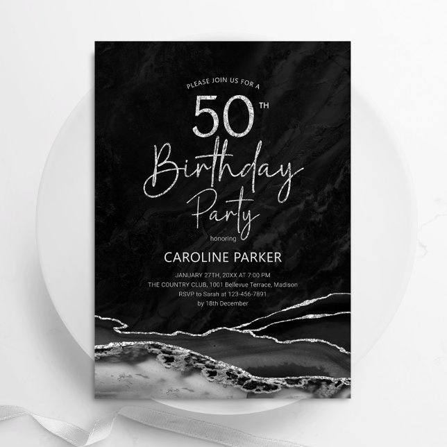 Agate Black Silver 50th Birthday Invitation (Creator Uploaded)