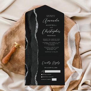 Agate Black Silver Dark Wedding All In One Invitation
