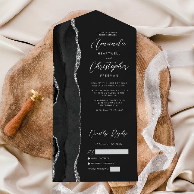 Agate Black Silver Dark Wedding All In One Invitation (Creator Uploaded)