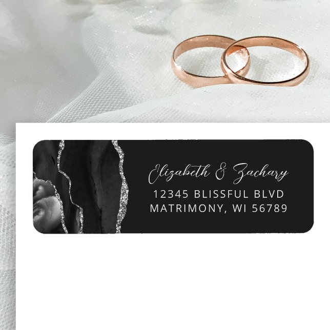 Agate Black Silver Dark Wedding Return Address Label (Creator Uploaded)