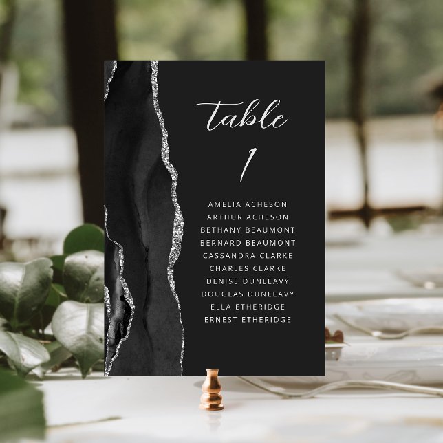 Agate Black Silver Modern Script Dark Wedding Table Number (Creator Uploaded)