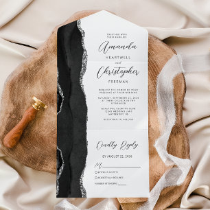 Agate Black Silver Wedding All In One Invitation