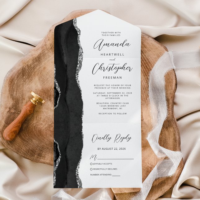Agate Black Silver Wedding All In One Invitation (Creator Uploaded)