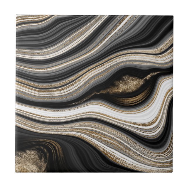 Agate Black white and gold fluid marble modern Ceramic Tile (Front)