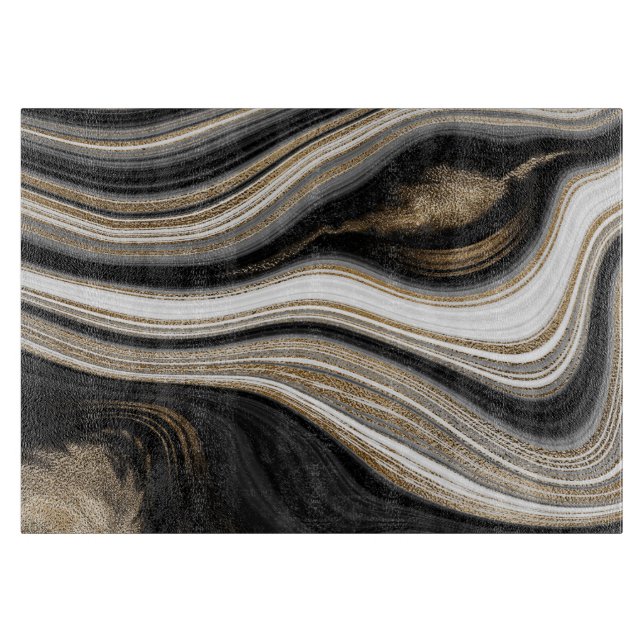 Agate Black white and gold fluid marble modern Cutting Board (Front)
