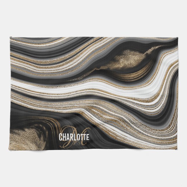 Agate Black white and gold fluid monogram name Tea Towel (Horizontal)