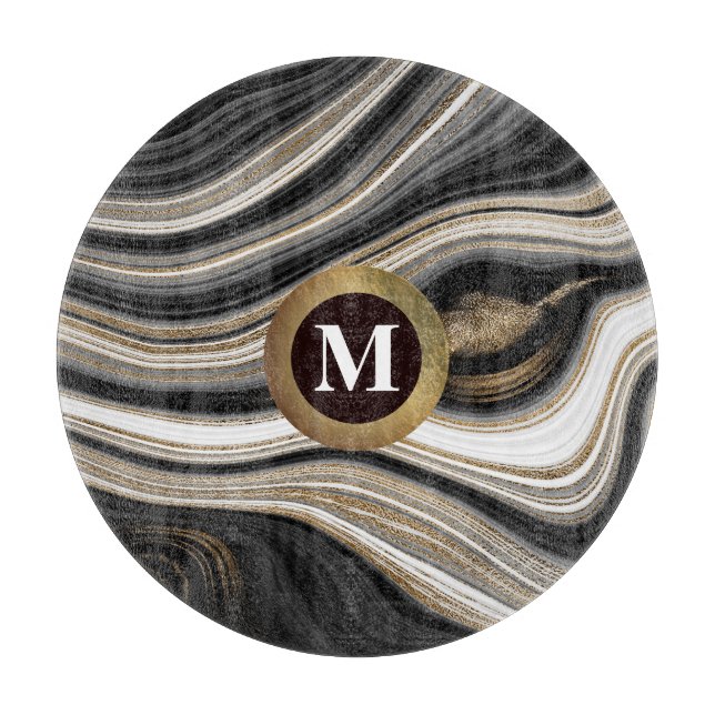 Agate Black White And Gold with Any Monogram Cutting Board (Front)