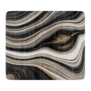 Agate Black white gold fluid marble  Cutting Board