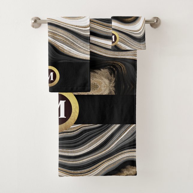 Agate black white gold monogram Bath Towel Set (Insitu)