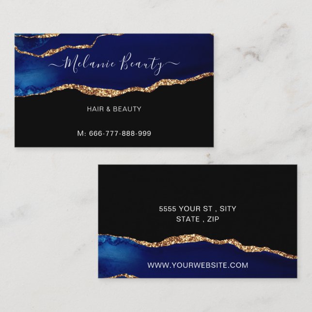 Agate Blue Gold Custom Business Card Hair Beauty (Front/Back)