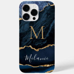 Agate Blue Gold Glitter Marble Custom Name Letter Case-Mate iPhone 14 Pro Max Case
