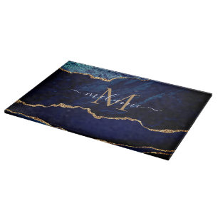 Agate Blue Gold Marble Cutting Board Custom Name 