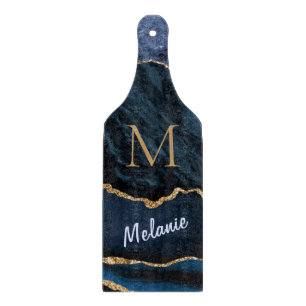 Agate Blue Gold Marble Monogram Name Cutting Board