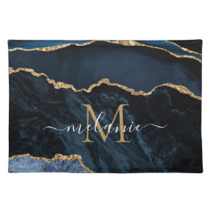 Agate Blue Gold Marble Name Letter Cloth Placemat