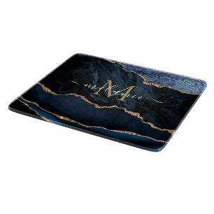 Agate Blue Gold Marble Name Letter Cutting Board