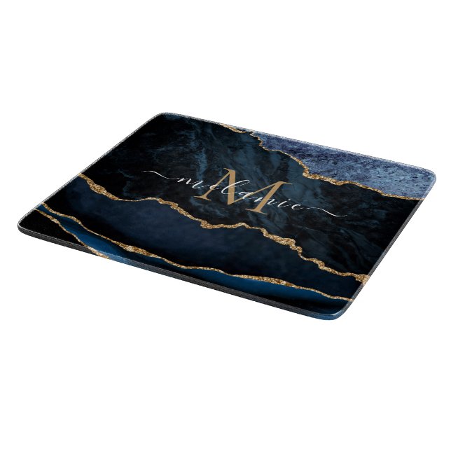 Agate Blue Gold Marble Name Letter Cutting Board (Corner)
