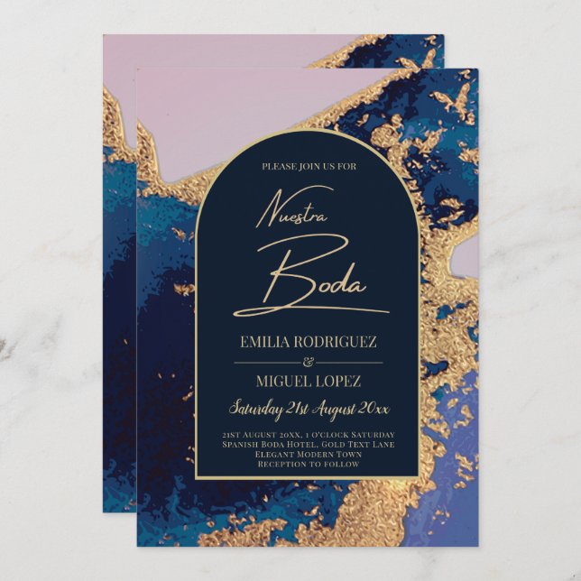 Agate Blue Gold Nuestra Boda Spanish Wedding LeahG Invitation (Front/Back)