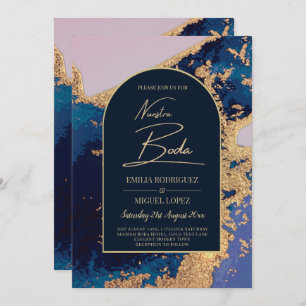 Agate Blue Gold Nuestra Boda Spanish Wedding LeahG Invitation