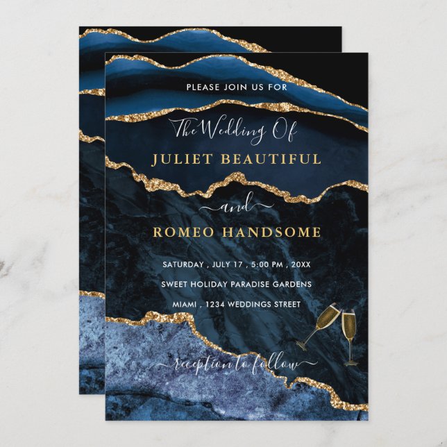 Agate Blue Gold Rings Luxury Wedding Invitation (Front/Back)